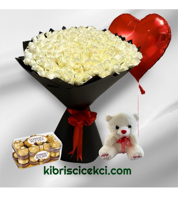 151 Beyaz Gül Buketi Ayıcık 16'lı Ferrero Çikolata Kalp Helyum Balon